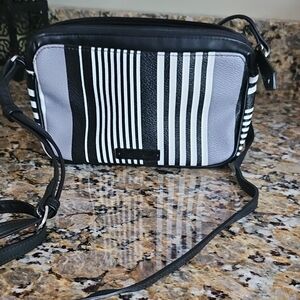 Black, Gray and White Striped Crossbody Bag